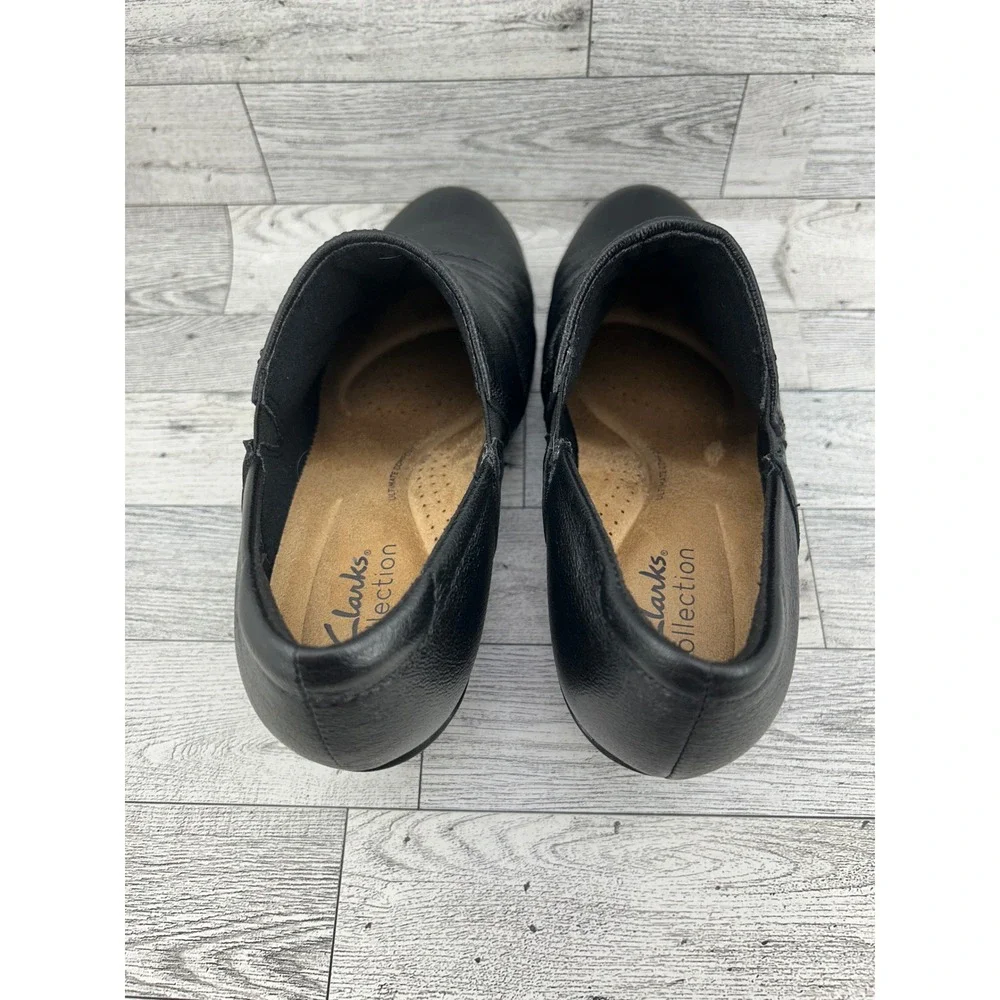 Clarks Collection Women Black Leather Ruched Shooties Block‎ Heel Size 8W